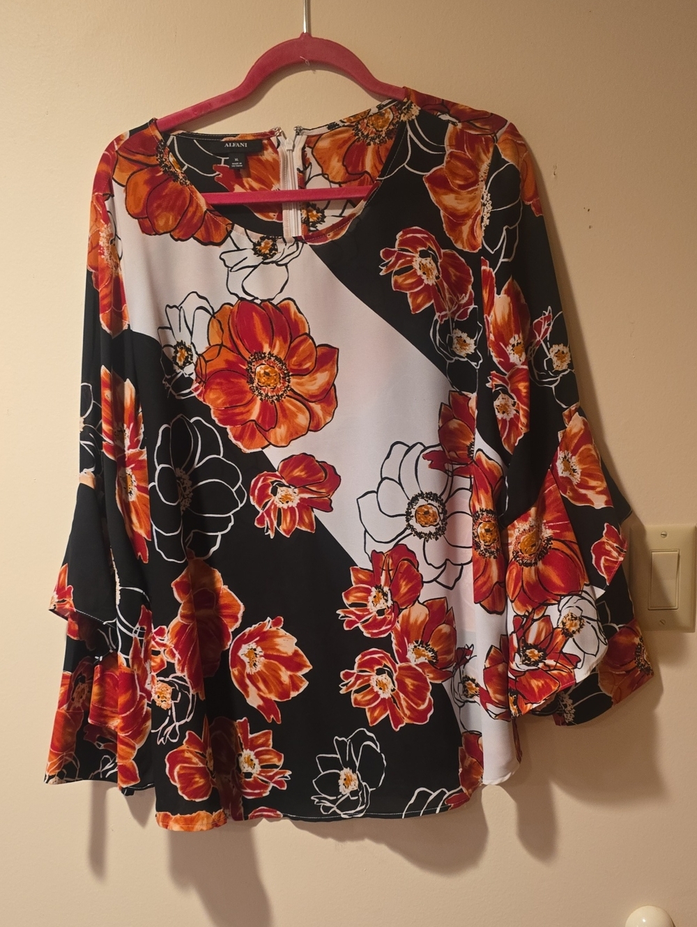 Alfani Black White Orange Floral Bell-Sleeve Top